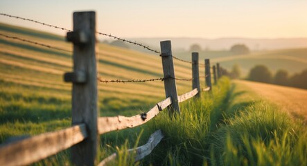 Fototapeta premium Fence at Sunset, Beautiful Rural Landscape, Golden Field, and Wooden Fence.