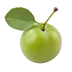 Single green plum with leaf isolated on transparent background