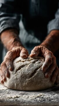 Artisan hands kneading dough, creating fresh bread in a warm, cozy kitchen.