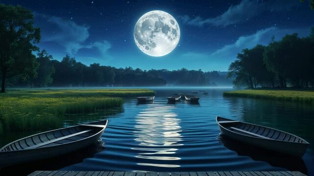 Tranquil nighttime lake scene featuring a bright full moon and calm reflections with row boats