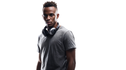 A young African -American is sure to wear headphones around the neck, posing on white background. Transparent PNG background