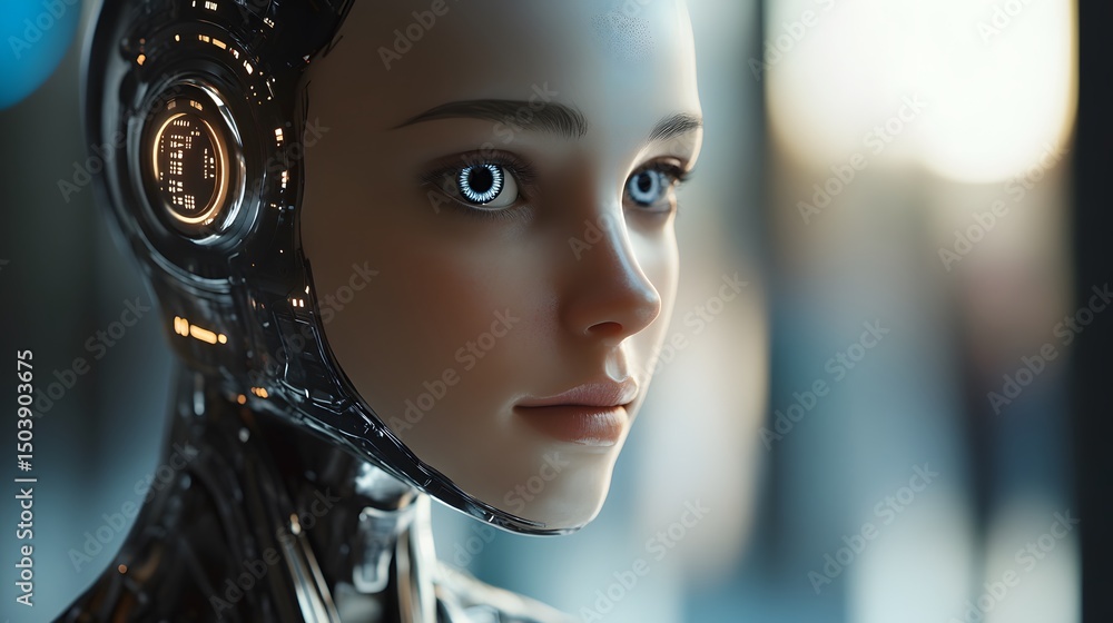 Poster a futuristic humanoid robot showcases advanced ai features, with a sleek design and lifelike facial 