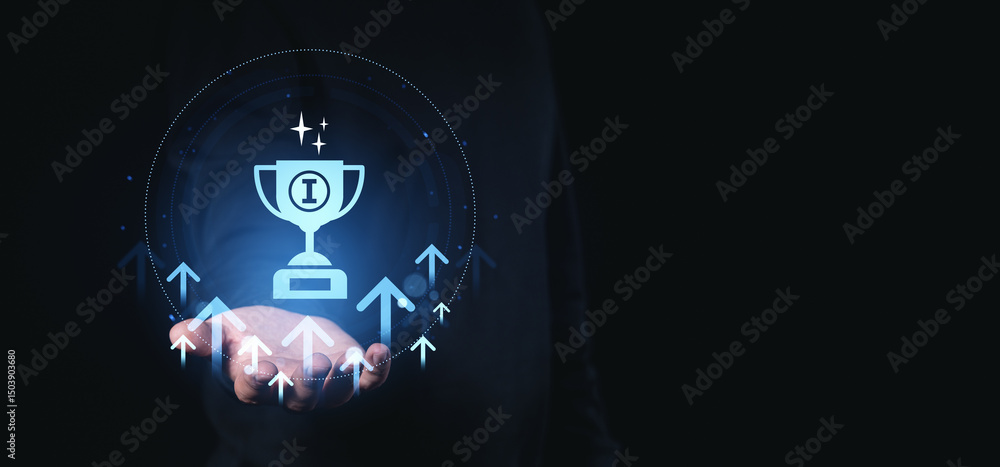 Poster digital trophy icon hovering above a hand with glowing arrows and sparkles representing success and 