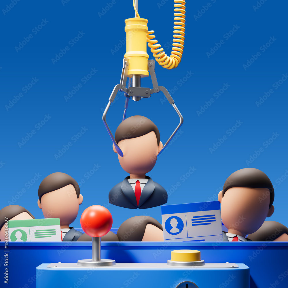Aufkleber job recruitment concept with robotic claw selecting candidate from pool of applicants in blue backgr