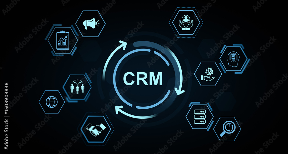 Poster crm system concept with interconnected digital icons representing data, marketing, ai, and customer 