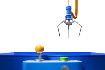 Claw machine joystick and control button with mechanical grabbing arm suspended above empty blue container on white background. Concept of choice and chance. 3D Rendering
