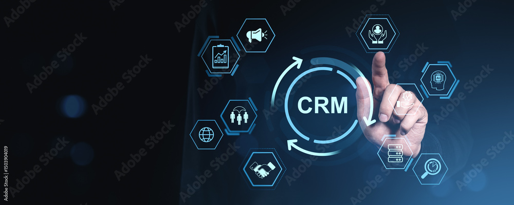 Aufkleber businessman interacting with crm system interface icons on digital screen symbolizing customer relat