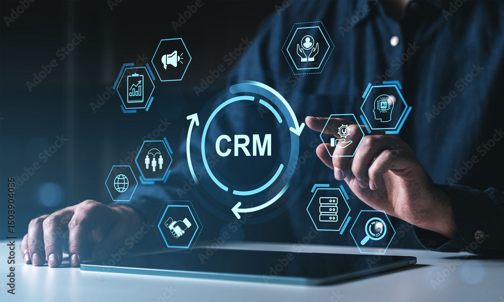 Poster crm system interface with business icons and user interacting on digital touchscreen in futuristic c