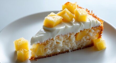 Slice of Delicious Pineapple Cake with Creamy Frosting on a White Plate, CloseUp Shot.
