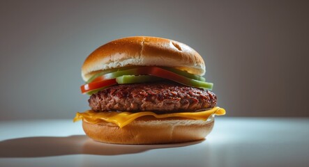 Delicious Burger with Beef Patty, Cheese, Tomato, and Pickles on a White Surface.