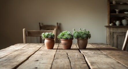 Three Succulent Plants in Terracotta Pots on a Rustic Wooden Table, Still Life