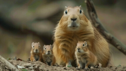 Obraz premium Capybara family swimming together in natural wetland habitat.