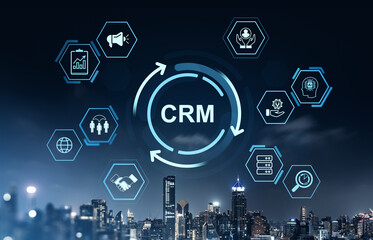 CRM system concept with digital marketing, customer service, data management, and automation icons over cityscape at night in blue tones.