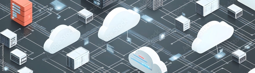 Poster a modern digital cloud computing design showcasing interconnected clouds and data servers, emphasizi