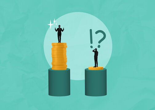 Income inequality concept with two businesspeople standing on different stacks of coins showing financial disparity on teal background.