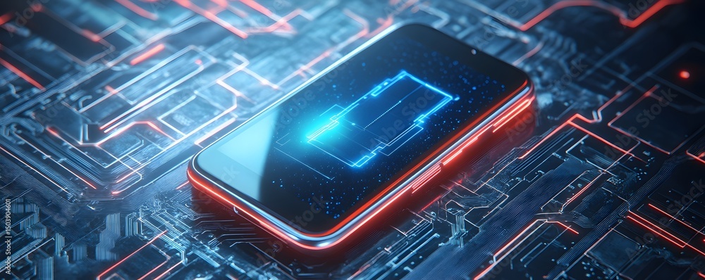 Poster a modern smartphone displaying a glowing interface on a circuit board. the vibrant colors and intric