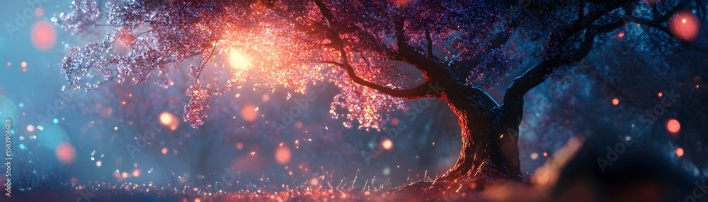 Poster a mystical tree illuminated by soft glowing lights in a dreamy landscape, creating an enchanting atm