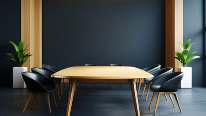 This modern meeting or dining space features a rectangular wooden table with a light finish and angled legs, surrounded by eight black upholstered chairs with wooden legs. 