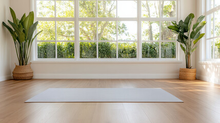Fototapeta premium Bright studio with yoga mat and plants