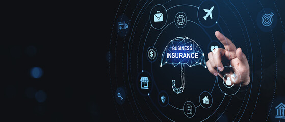 Business insurance concept with digital interface icons and human hand interacting with holographic umbrella on dark background for financial protection..
