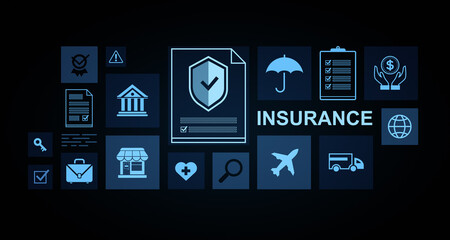 Insurance concept with glowing blue icons representing various policy types such as travel, health, finance, and property on dark background. 3D Rendering