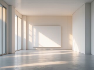 Minimalist Interior Design, Empty Room with Large Windows and a Blank Canvas.