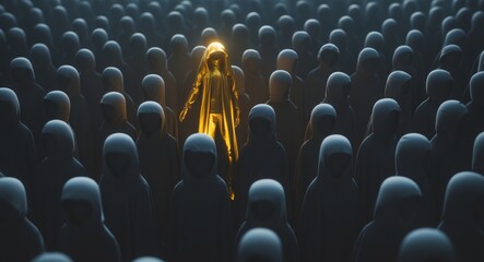 Obraz premium The Golden One. A Figure Stands Out in a Crowd of Hooded Individuals, Shining Bright.