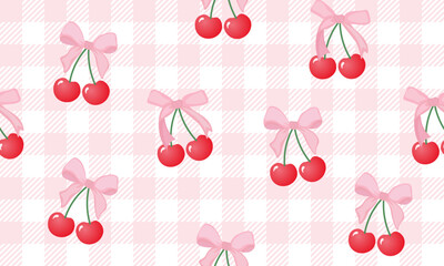 bow seamless patterns, ribbon, gift wrapping paper seamless pattern, Vector graphics. happy birthday, anniversary, party, celebration, fabric, textile, cherry and bow ribbon, red pink, check