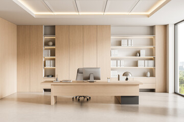 Modern executive office interior with minimalist wooden furniture, shelves, and soft lighting in a bright corporate workspace. 3D Rendering. 3D Rendering