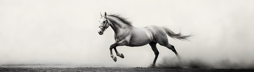 A stunning black-and-white photograph of a horse running gracefully across an open field. The image captures the beauty and power of this magnificent animal in motion.