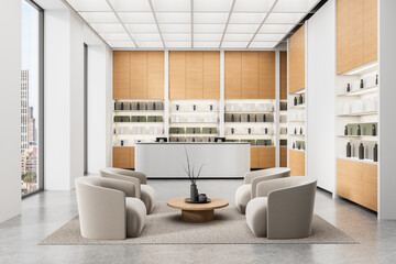 Modern reception area with minimalist interior design featuring beige armchairs, wooden cabinetry, and a contemporary product display wall. 3D Rendering