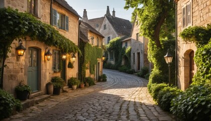Charming Cobblestone Street in European Village Sunlit Buildings Lush Greenery