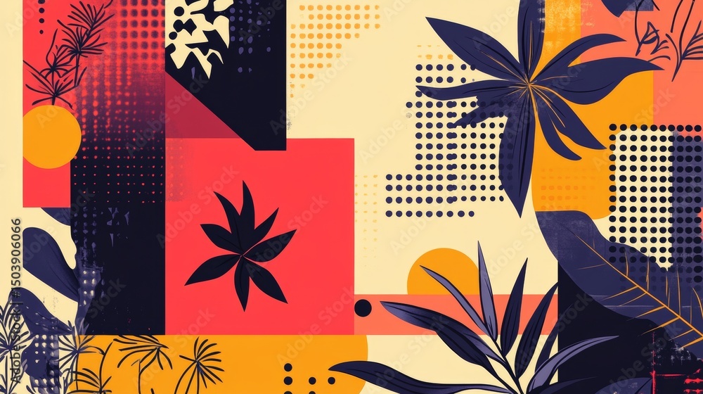Aufkleber abstract composition with botanical elements and geometric shapes artwork