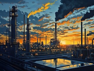 A stunning industrial landscape at sunset, featuring towering smokestacks and a vibrant sky filled with colors reflecting off the surfaces, creating a powerful visual of modern ind