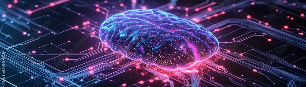 Poster a vibrant digital visualization of a brain intertwined with circuitry, showcasing the fusion of orga