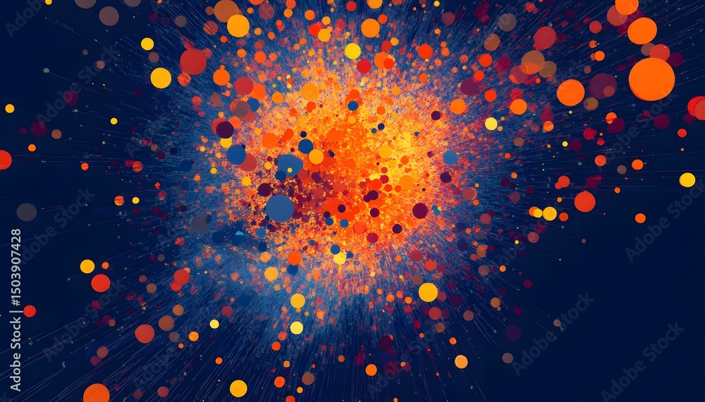 Poster a vibrant explosion of color with various circles and dots in shades of orange, yellow, and blue, cr