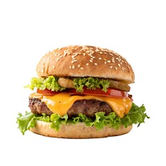 hamburger or burger with cheese and vegetables isolated on white background.