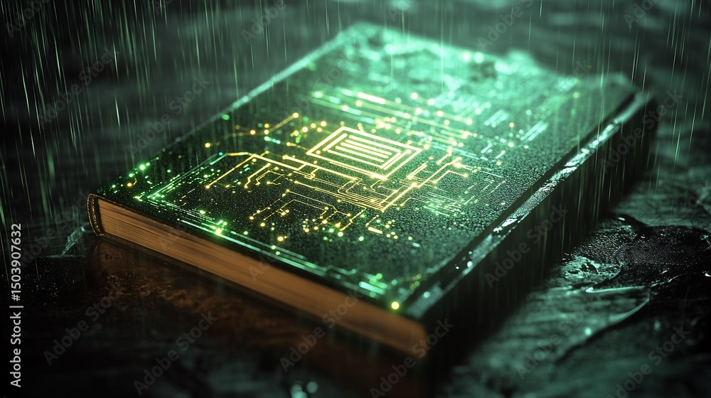 Poster a futuristic book with glowing circuit patterns is resting in the rain on a dark surface