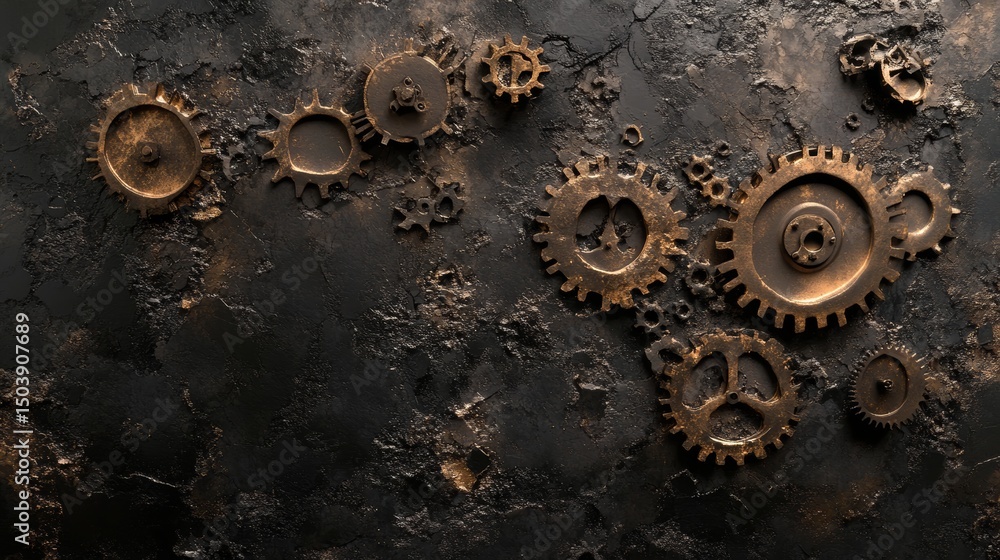 Poster industrial age: gears and cogs embedded in a dark textured surface backdrop