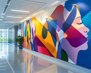 A vibrant mural adorns a modern office hallway, showcasing abstract shapes and colors. This artistic design enhances the workspace environment and inspires creativity.