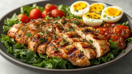 Light veggie salad with greens, eggs, grilled chicken, and dressing on white background.