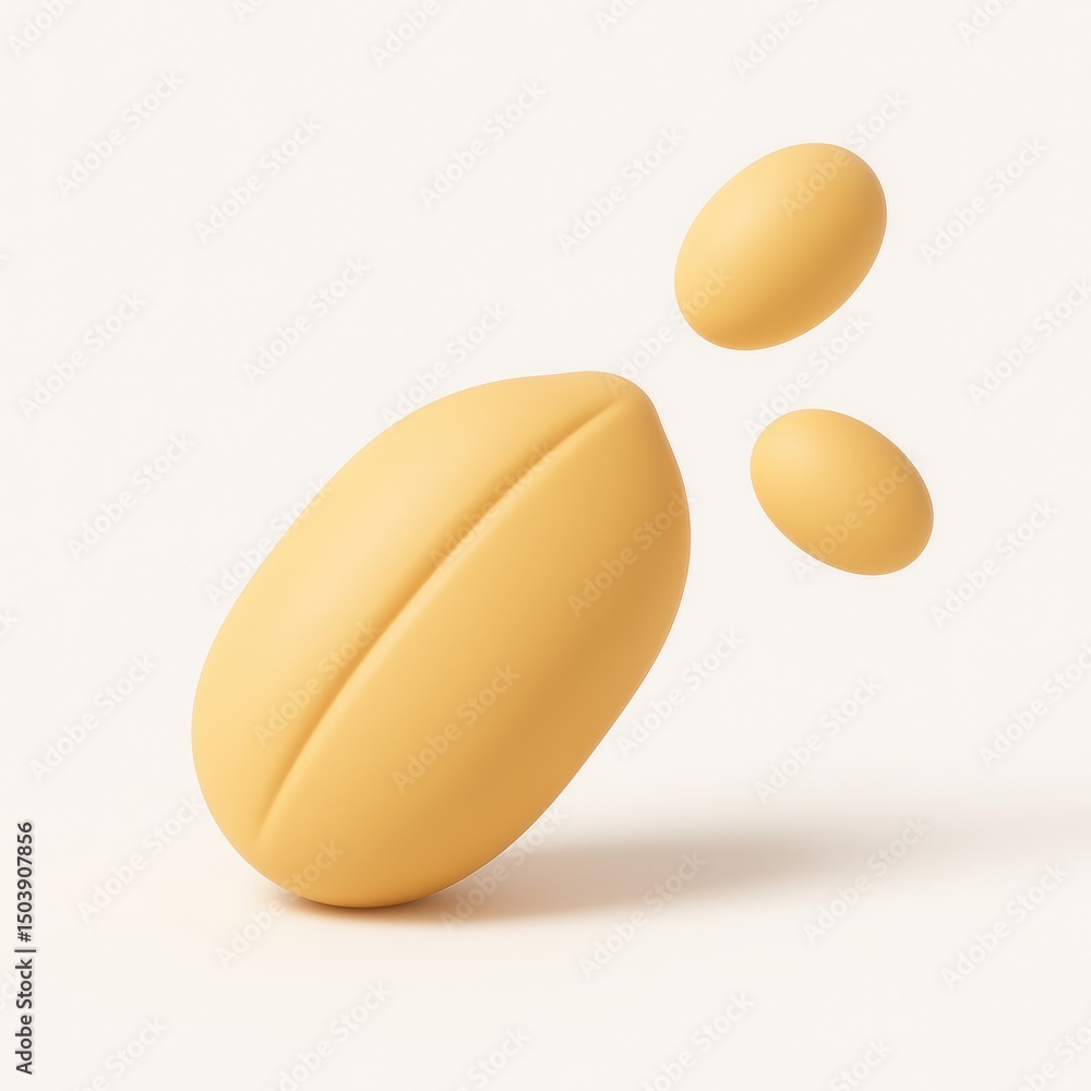 Poster 3d render of a single pale yellow peanut with two smaller peanuts floating nearby against white back