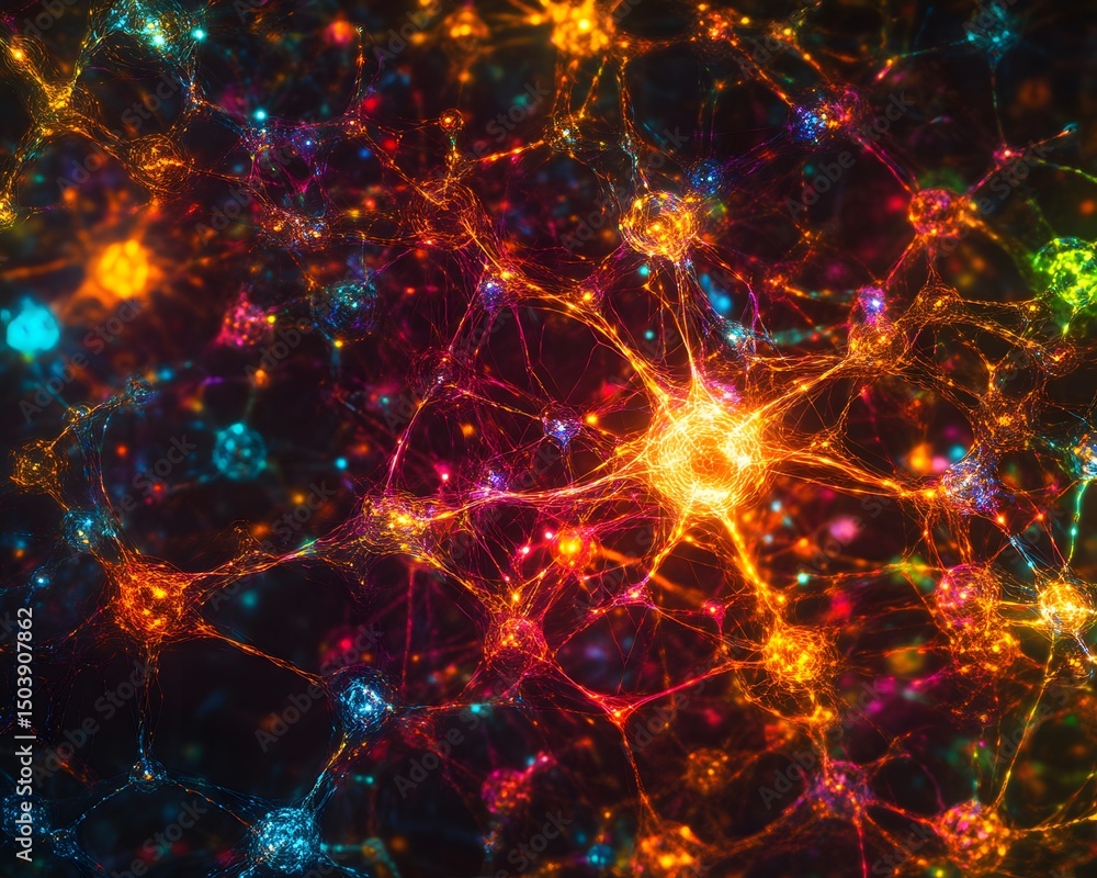 Poster a vibrant visual representation of neural networks, showcasing bright nodes connected by colorful st