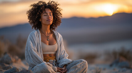 Calm Black woman in meditation pose on desert sand, face tilted toward rising sun, glowing light softly embraces her skin, endless desert landscape framing the quiet, mindful scene