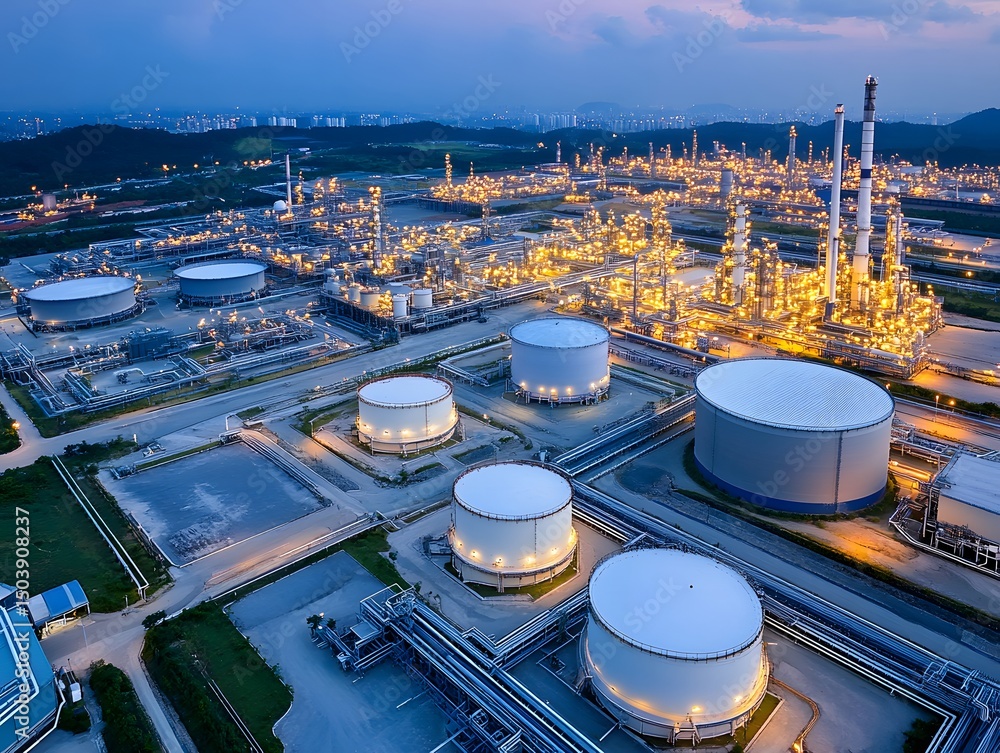 Poster aerial view of a large industrial oil refinery at dusk with illuminated storage tanks and pipelines.