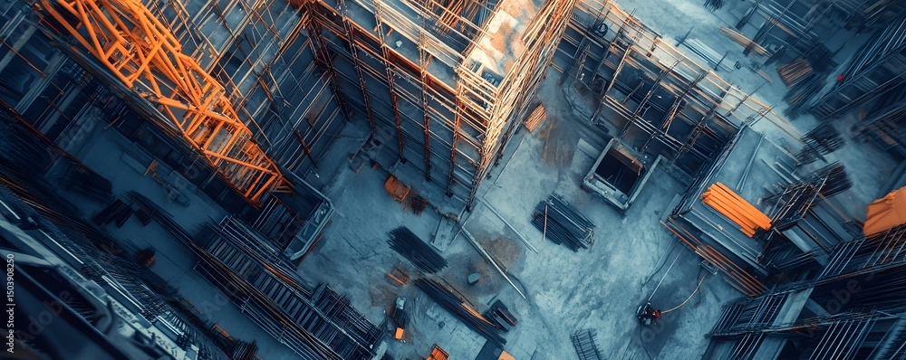 Poster aerial view of a modern construction site with cranes and building frameworks. dynamic urban environ