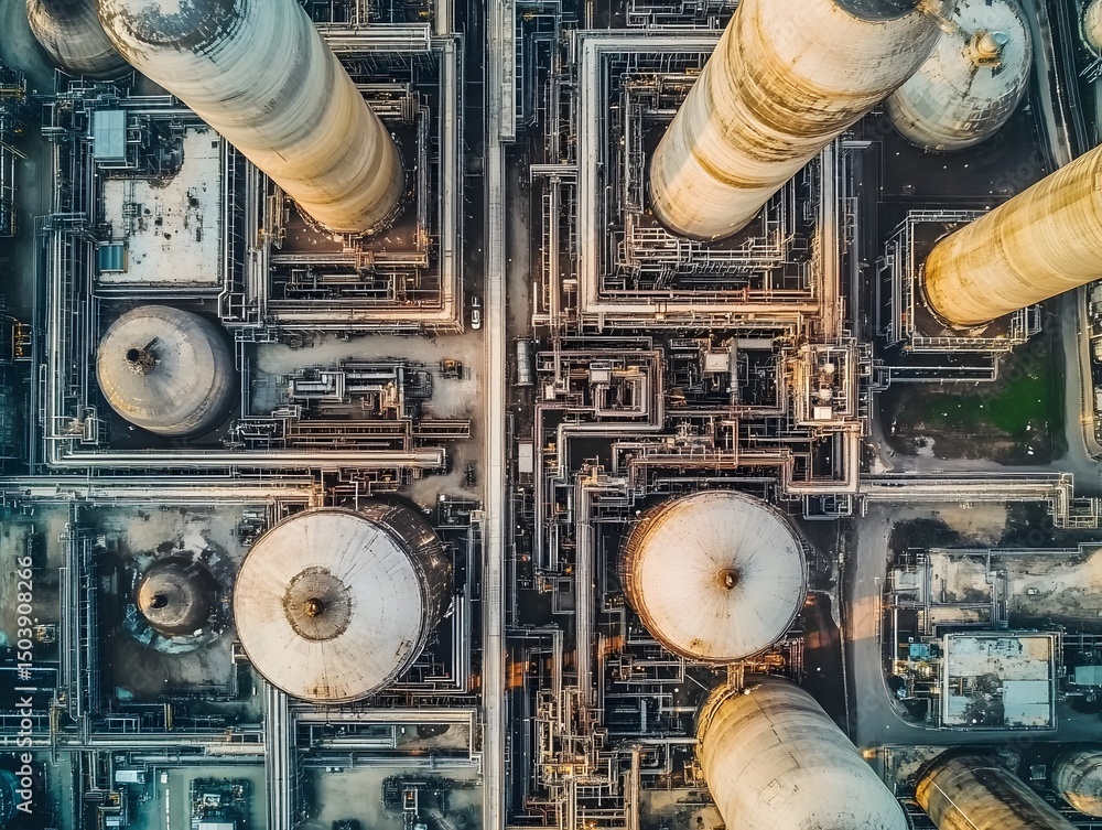 Poster aerial view of an industrial complex featuring large storage tanks and pipelines. the intricate layo
