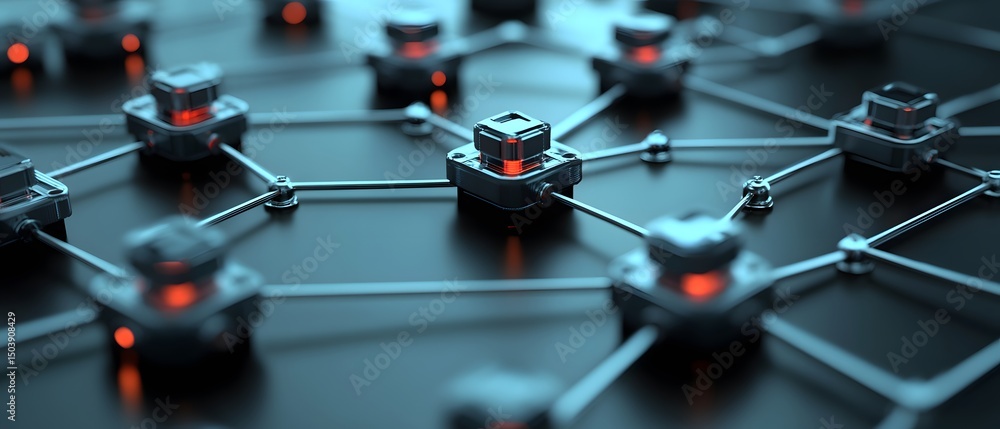 Poster an abstract representation of a digital network with interconnected nodes and glowing elements, symb