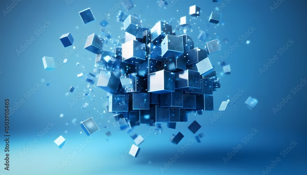Poster an abstract representation of digital transformation, featuring a cluster of cubes floating in a blu