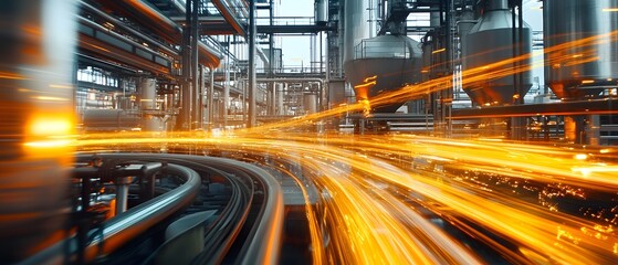 Fototapeta premium An industrial scene showcasing machinery and production processes. Bright light trails represent speed and efficiency within a modern manufacturing environment.